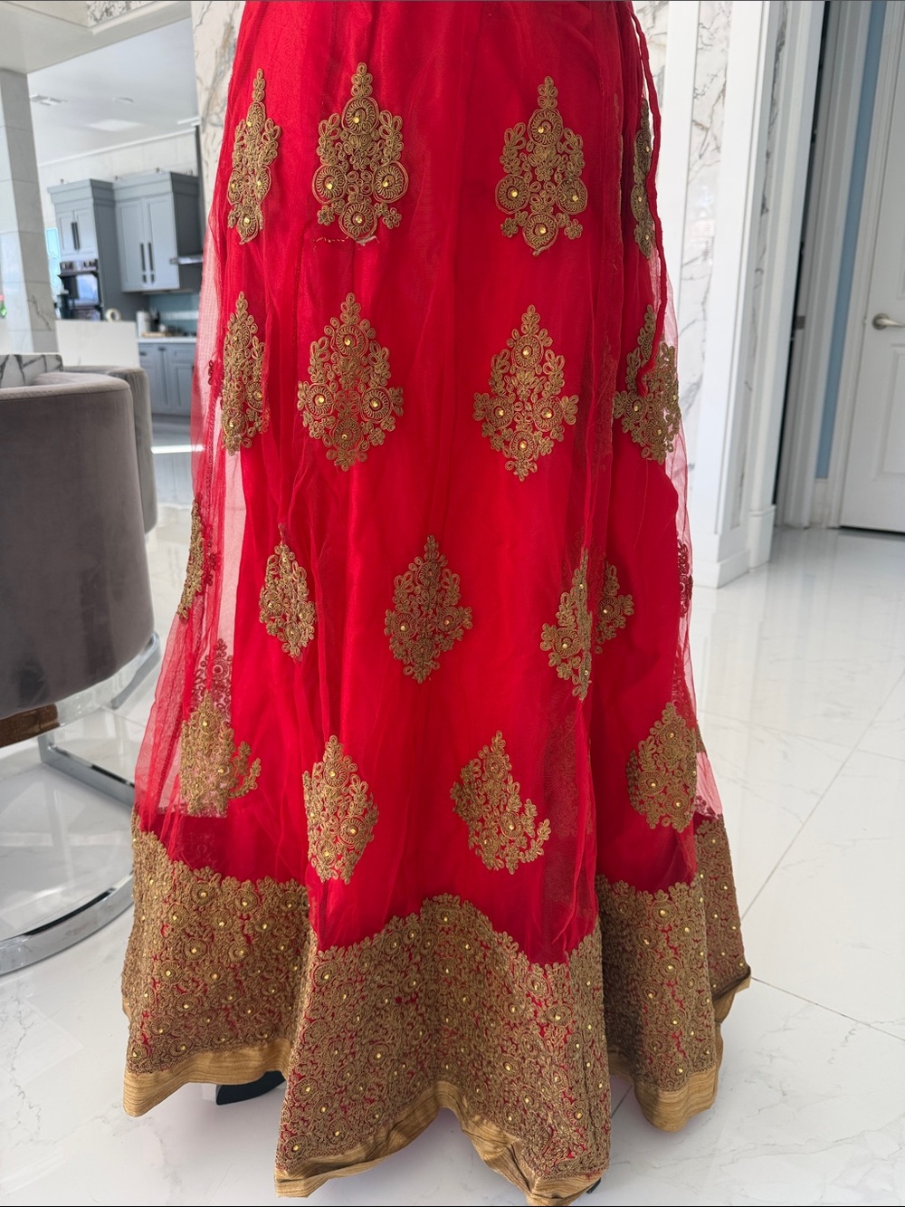 Elegant Red Embroidered langha / Skirt with Gold Accents
